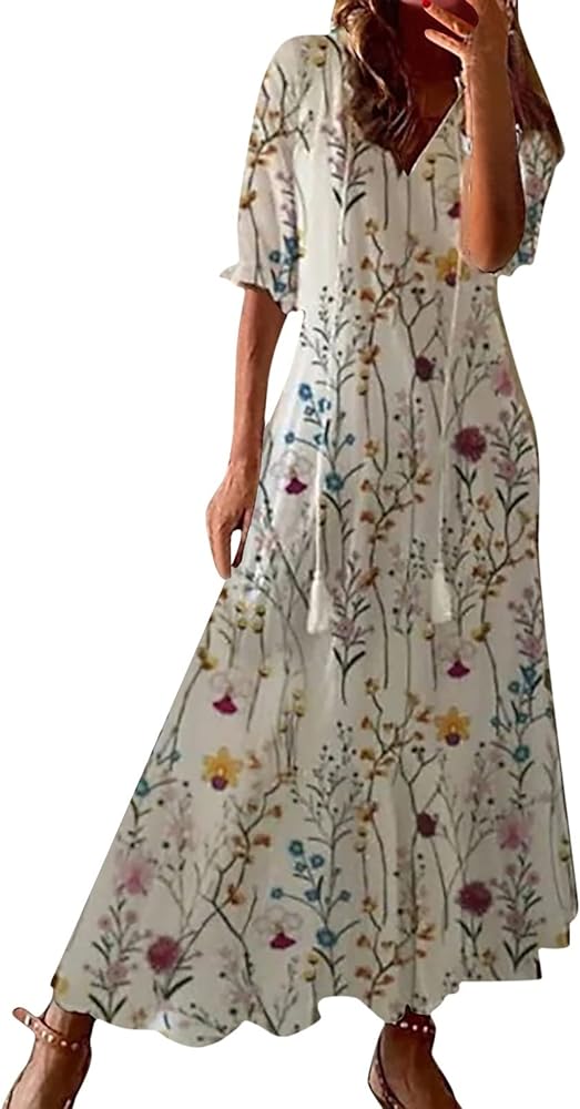 Boho Dresses for Women 2024,Women's Flowy Summer Boho Floral V Neck Ruffle Sleeve Tiered Maxi Dresses Casual Beach Long Dress