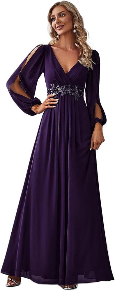 Ever-Pretty Women's V Neck Long Sleeves Floor Length Ruched Chiffon Formal Dress 00461