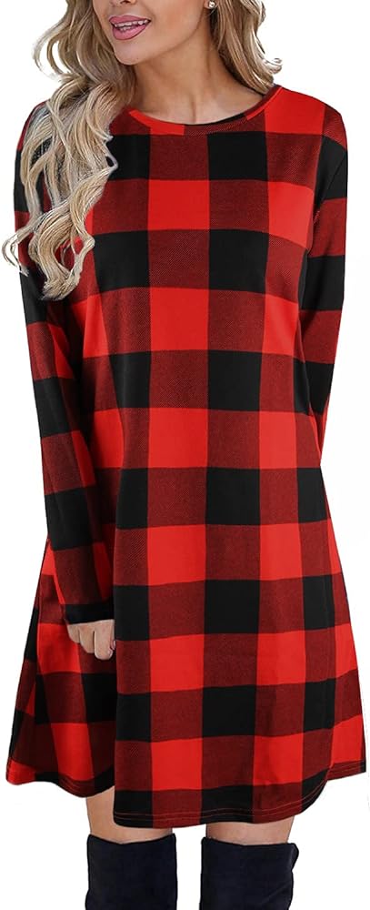 Blooming Jelly Women's Plaid Swing Dress Long Sleeve Round Neck Tunic Mini Dress