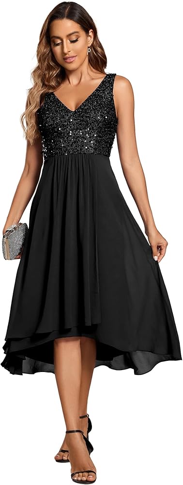 Ever-Pretty Women's Chiffon V Neck Sleeveless Sequin High Low Cocktail Dresses Midi Wedding Guest Dresses 02184