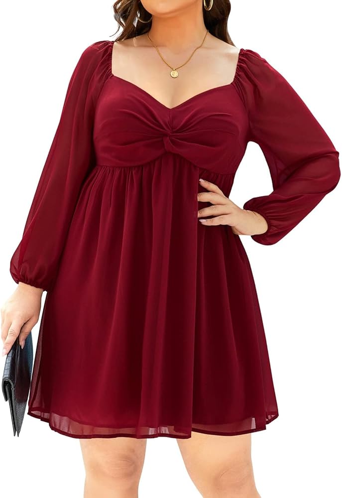 Pinup Fashion Plus Size Women's Sweetheart Neckline Dress Puff Long Sleeve Chiffon A Line Short Dresses