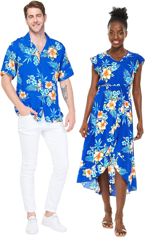 Matchable Couple Hawaiian Luau Shirt or Wrap Ruffle Dress in Hibiscus Blue