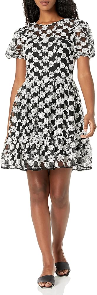 Dress the Population Women's Lillianna Short Puff Sleeve Round Neck Illusion Bodice Fit and Flare Mini Dress