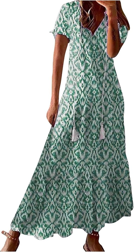 Boho Long Summer Dresses for Women 2024 Vintage Maxi Dress Ethnic Floral Print Boho Dress V Neck Short Sleeve Sundress