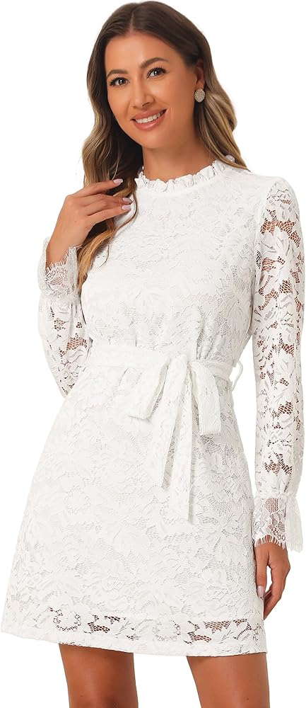 Allegra K Women's Cocktail Elegant Ruffle Crew Neck Floral Lace Shift Dress