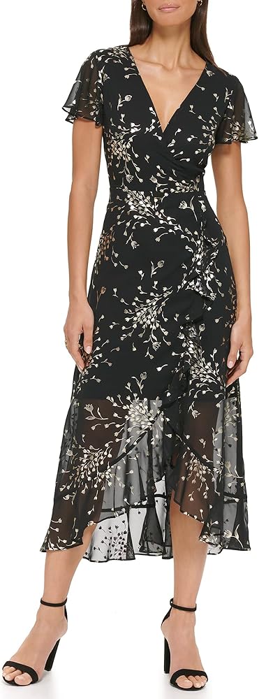 kensie Women's Printed Chiffon Assym Midi Dress