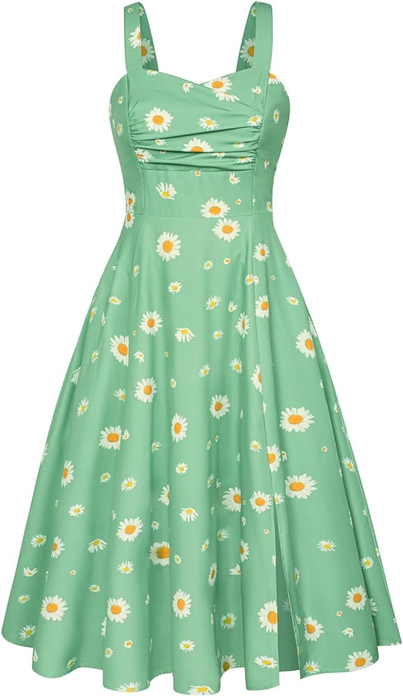 Belle Poque Women's Vintage 1950s Cocktail Dress Sleeveless Spaghetti Strap Ruched Slit A Line Swing Dress with Pockets