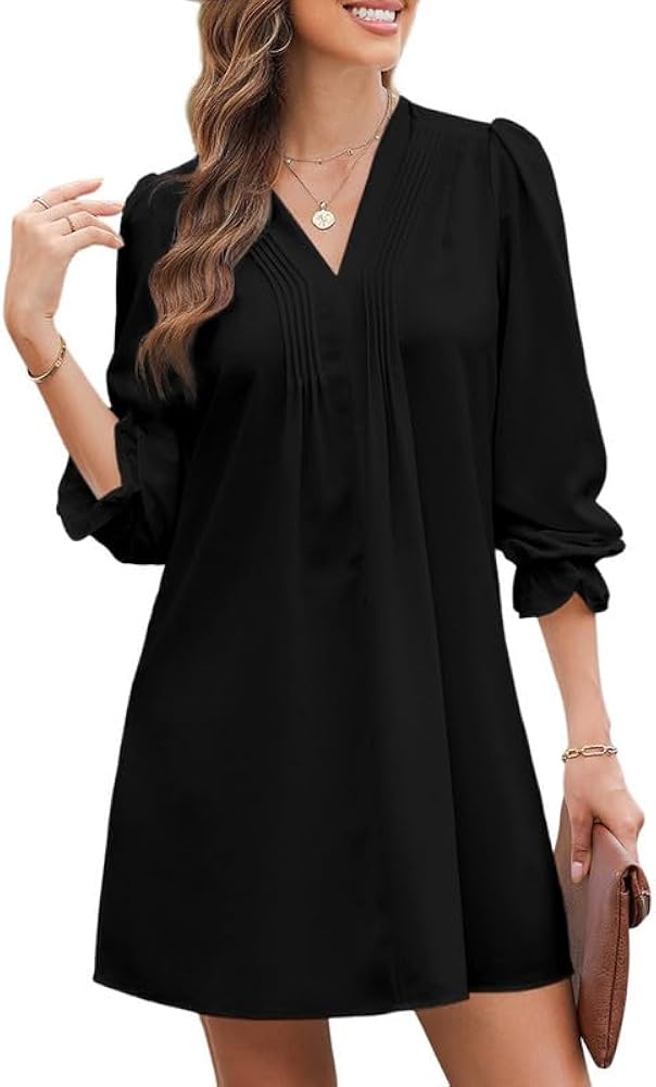 Dokotoo Womens Casual Dress A-Line Ruffle Sleeve V Neck Midi Dress 2024 Fashion Pleated Flowy Sundress Loose Shirt Dresses