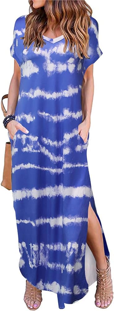 Arolina Women's Summer Maxi Dress Short Sleeve V Neck Casual Loose Long Beach Split Dresses with Pockets