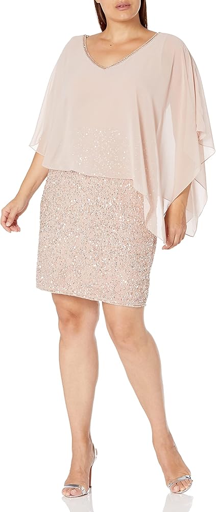 J Kara Women's Plus Size Caplet Short Cocktail Beaded Dress