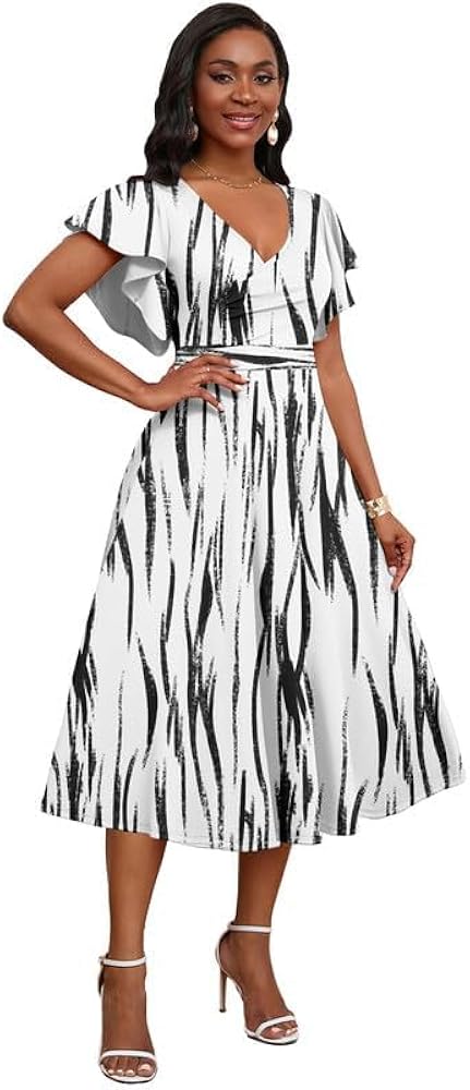 Women's Cocktail Midi Dress Elegant V Neck Ruffle Short Sleeve Wrap Wedding Guest Semi Formal A Line Dress