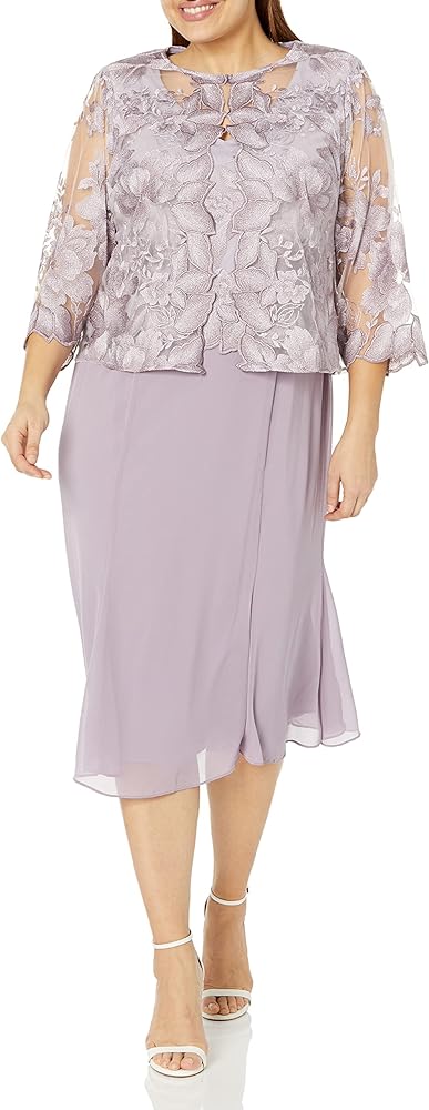 Alex Evenings womens Plus Size Tea Length Button-front Jacket Special Occasion Dress, Smokey Orchid Embroidered, 20 Plus