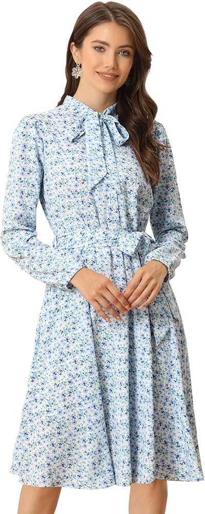 Allegra K Women's Tie Neck Dresses Chiffon Long Sleeve Belted Vintage Floral Dress