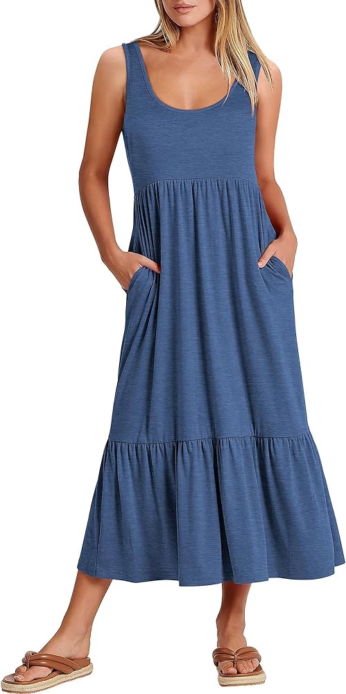 ANRABESS Women's Summer Sleeveless Maxi Sundress Swing Casual Flowy Tiered Shirts Dress Beach Travel Vacation Outfits