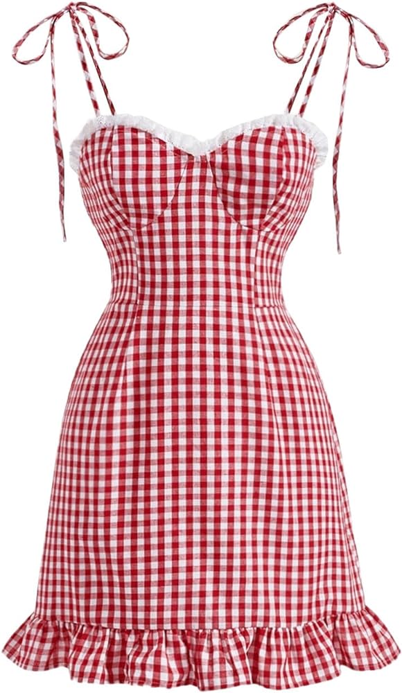 Floerns Women's gingham print tie shoulder sleeveless ruffle hem cami dress