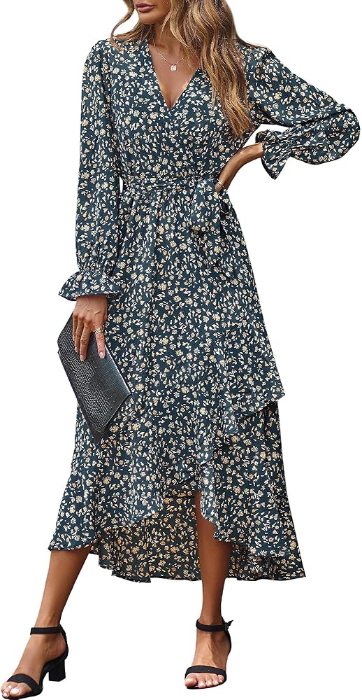 BTFBM Women Long Sleeve Wrap Maxi Dress V Neck Boho Floral High Waist Flowy Ruffle 2024 Spring Summer Dresses with Belt