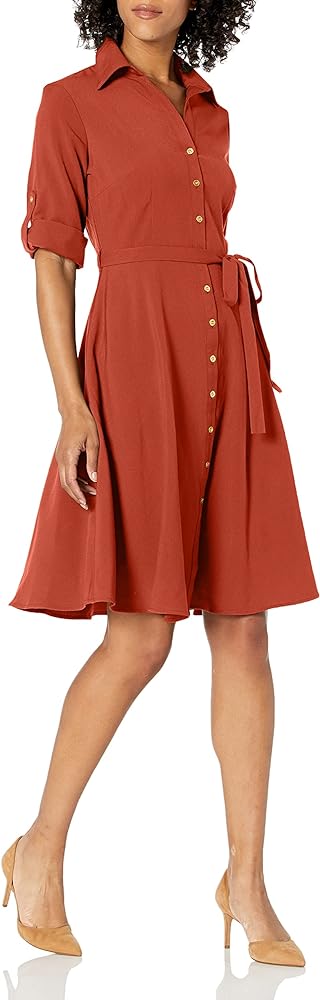 Sharagano Women's Button Front Pleated Shirt Casual Dress, Arabian Spice, 14