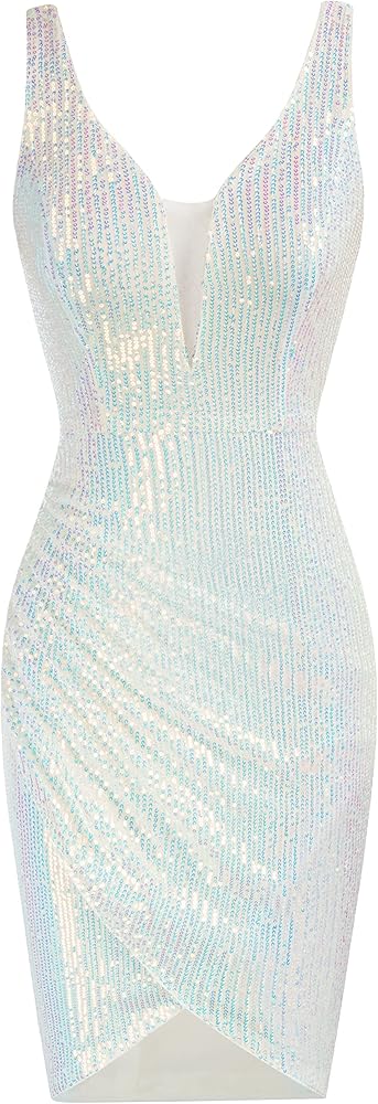 GRACE KARIN Women Deep V Neck Party Mini Dress U Back Sequin Irregular Hem Evening Dress