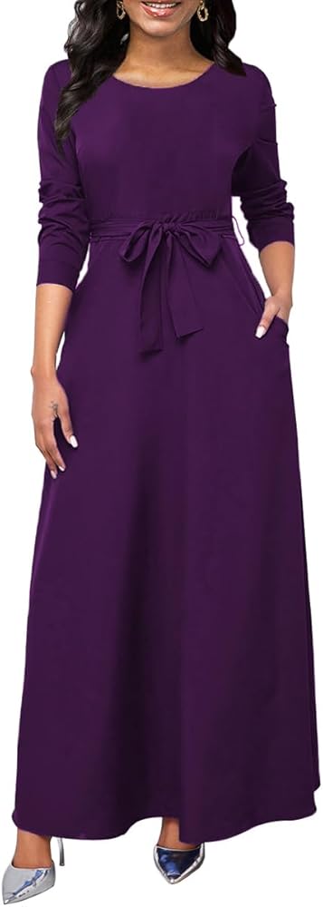 Women's Long Sleeve Crewneck Casual Maxi Dress Belted High Waist Long Dresses with Pockets