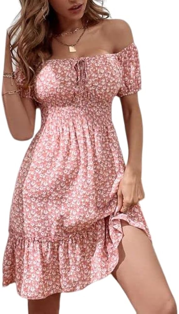 SOLY HUX Womens Ditsy Floral Off Shoulder Mini Dress A Line Boho Summer Dresses