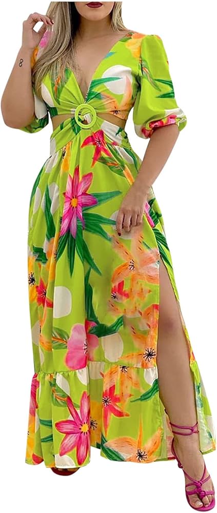 Hawaiian Dresses for Women Summer Sexy Low Cut Backless High Split Maxi Dress Tropical Floral Beach Vacation Dresses