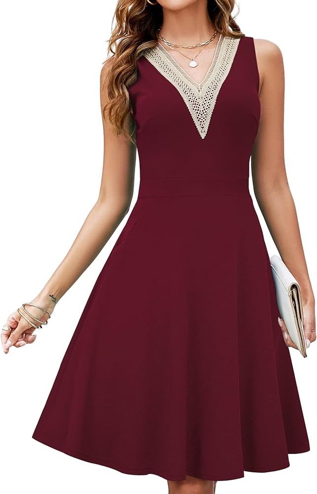 Womens Summer Lace Trim V-neck Sleeveless Fit and Flare Tank Dresses with Pockets