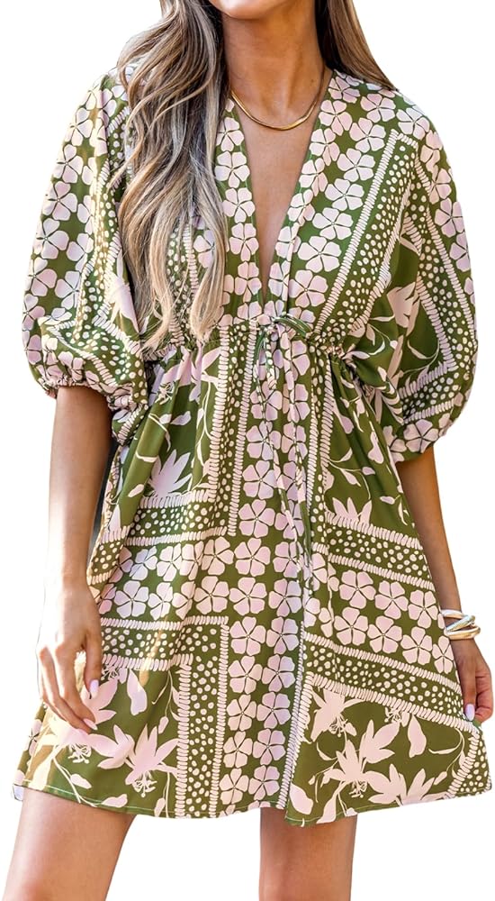 CUPSHE Women's Plunging V Neck Floral Backless Beach Dress Blouson Sleeve Back Tie Waist Tie Mini Summer Dresses