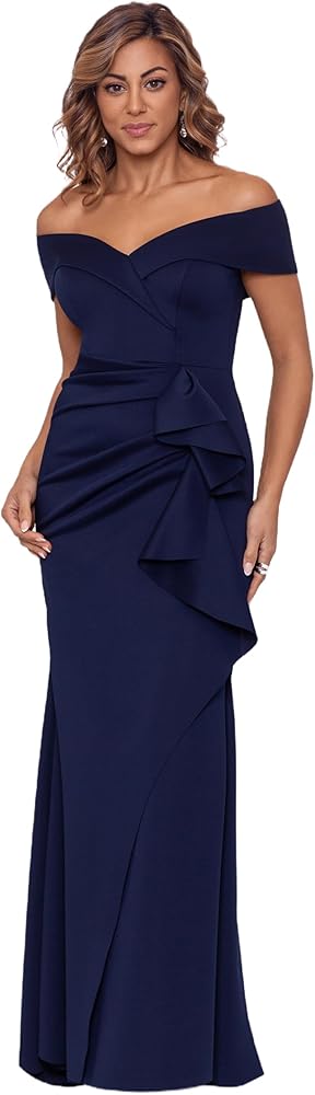 Xscape Women's Long Off Shoulder Sweetheart Neck Side Ruffle Gown (Reg and Petite)