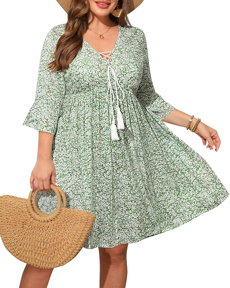 Women's Plus Size Boho Dress Floral V Neck Tassel Bell Sleeve Casual Summer Beach Flowy Mini Dress