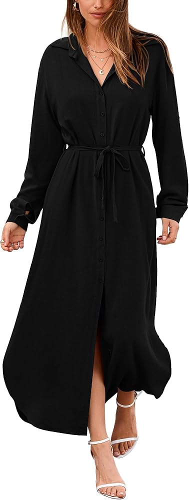 BTFBM Women 2023 Casual Long Sleeve Maxi Dress Fall Spring Button Down Shirt Dresses Tie Waist Side Slit Long Linen Dress