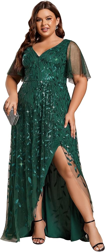 Ever-Pretty Women's Plus Size Gorgeous A Line Sequin Embroidered Evening Dress with Sleeves 02083-DA