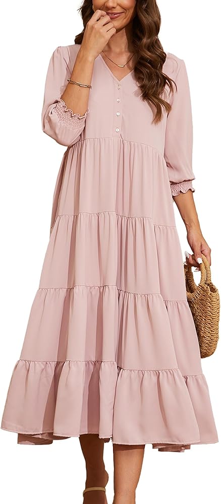 Beautiful Nomad Women's Casual V Neck Boho Dress Puff Sleeve High Waist Floral Smocked Flowy Ruffle Midi Dresses