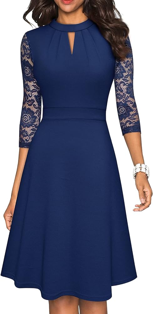 HOMEYEE Women's Round Neck Hollow Out Lace Patchwork Retro Party Dresses A234