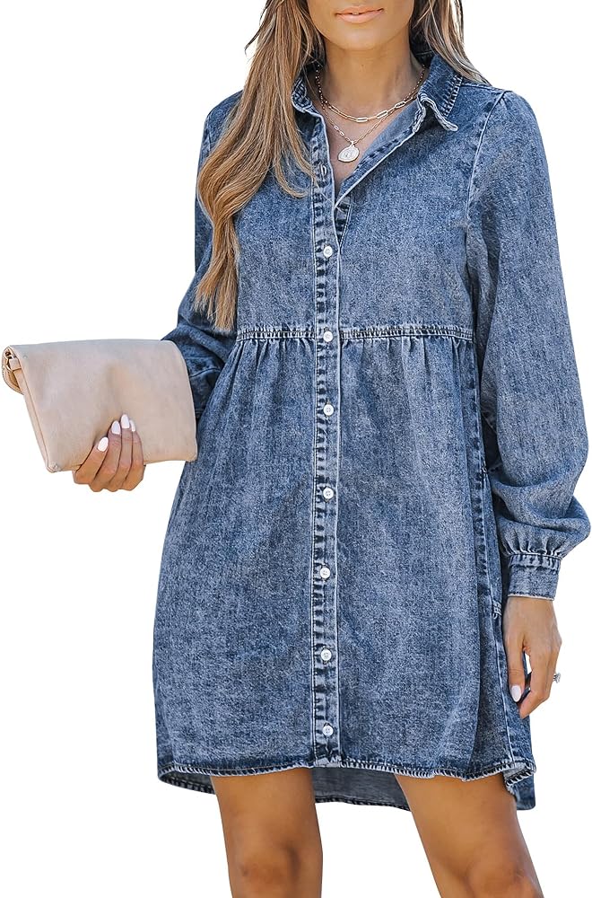 LookbookStore Long Sleeve Denim Dress for Women Jean Dress Button Down Casual Babydoll Denim Shirt Dress