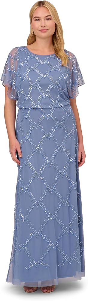 Adrianna Papell Women's Plus Size Beaded Blouson Gown, French Blue