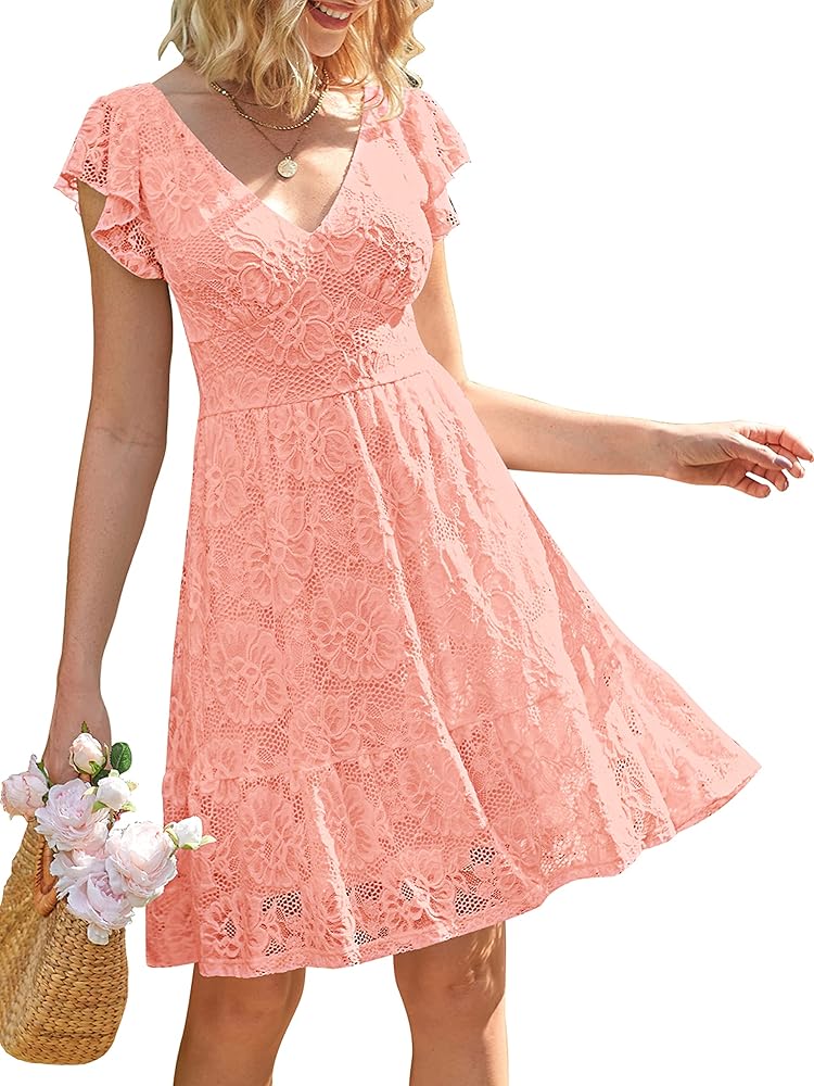 MEROKEETY Women's 2024 Summer V Neck Flutter Sleeve Dress Floral Lace Tie Back A Line Dresses