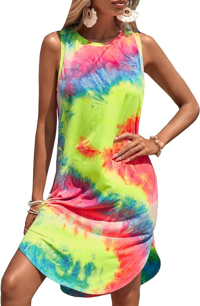 MakeMeChic Women's Casual Summer Tie Dye Sleeveless Split Midi Tank Dress Sundress