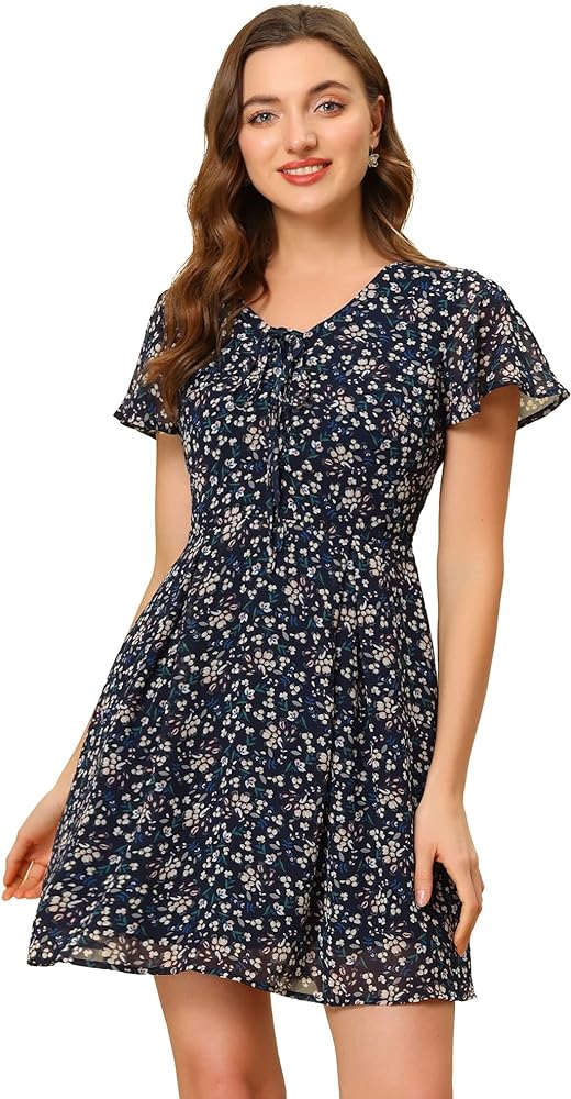 Allegra K Women's Floral Printed Spring Summer Flare Short Sleeve Lace-up V Neck Chiffon Dress