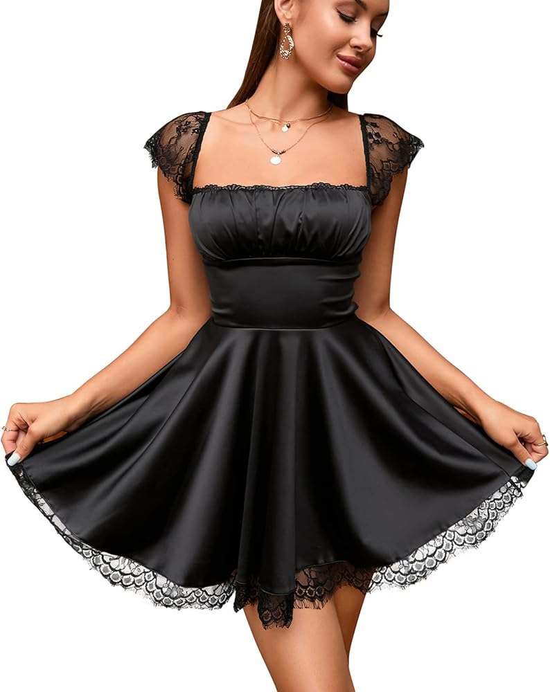 Women's Satin Lace Strap Mini Dress Square Neck Flowy A-Line Ruffle Swing Casual Short Dresses