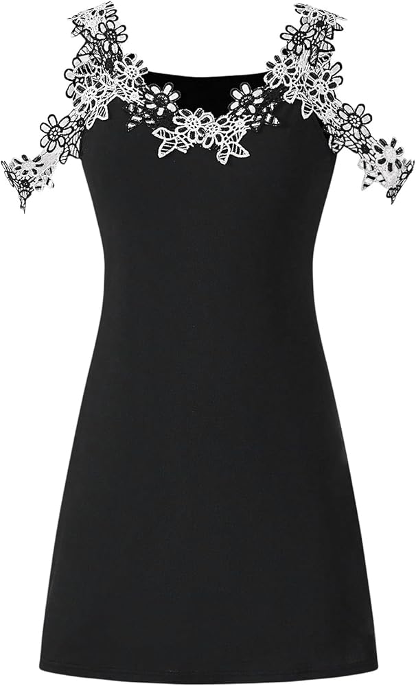 SweatyRocks Women's Floral Appliques Cold Shoulder Dress Sleeveless V Neck A Line Dresses