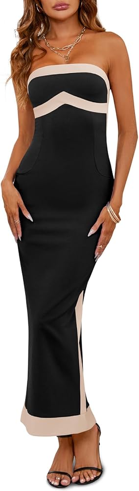 Fisoew Womens Strapless Bodycon Dress Sexy Contrast Color Off Shoulder Party Tube Maxi Dresses