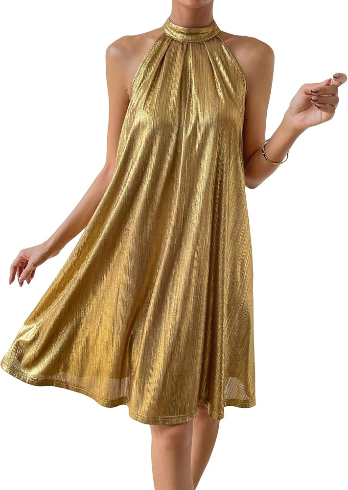 OYOANGLE Women's Metallic Sleeveless Halter Tank Dress Flared A Line Summer Beach Party Dresses