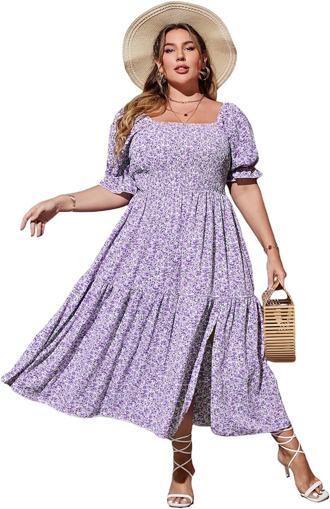 MakeMeChic Women's Plus Size Floral Boho Puff Sleeve Square Neck Shirred Split A Line Summer Long Maxi Dress