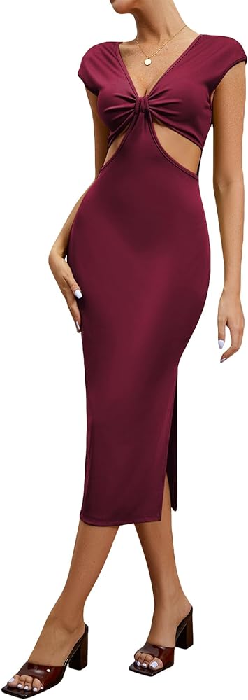 SOLY HUX Women's Sleeveless Deep V Neck Twist Front Cut Out Split Hem Bodycon Dress