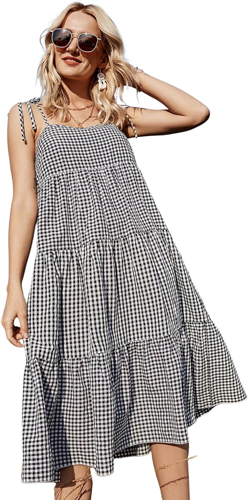 Milumia Women's Summer Dress Gingham Print Casual Dress Plaid Square Neck Tiered Ruffle Flowy Maxi Dresses