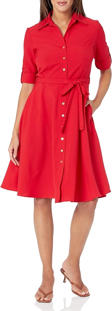 Sharagano Women's Button Front Pleated Shirt Casual Dress, Crimson Ruby, 6