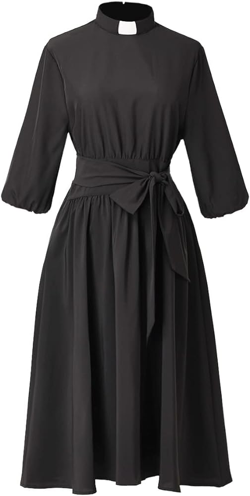 Church Dresses for Women Vintage Audrey Hepburn Style Tab Collar Swing Midi Dress 3/4 Puff Sleeve with Long Belt