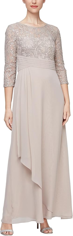 Alex Evenings Women's Petite Long Lace Top Empire Waist Dress, Buff