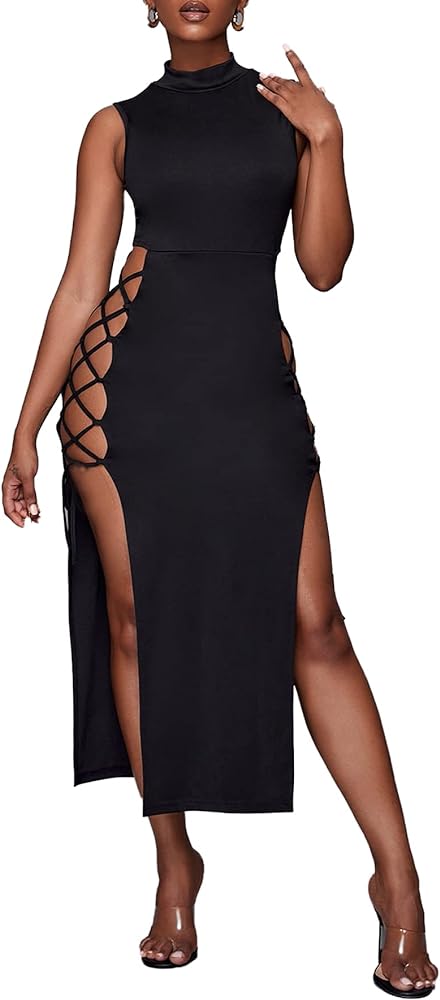 LYANER Women's Sexy Mock Neck Cut Out Side Lace Up Sleeveless Bodycon Maxi Tank Dress