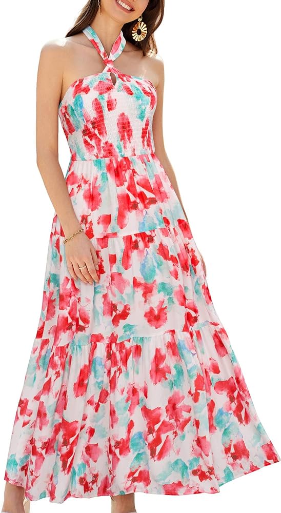 GRACE KARIN Women's Summer Dresses 2024 Halter Neck Sleeveless Smocked Backless Cut Out Floral Flowy A Line Maxi Dress